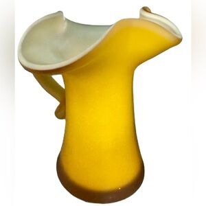 Vintage Art Glass Yellow Pitcher, Yellow Handle Flared Ruffle Edge 4".